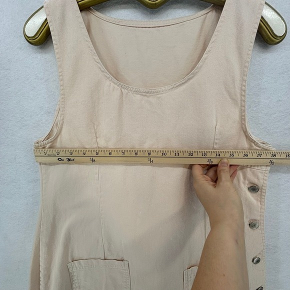 90s Vintage Sleeveless Mini Dress MEDIUM Peach Beige Denim‎ Casual A-Line Retro - Picture 7 of 9